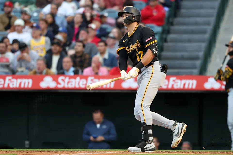 Matt Gorski swings for the Pirates on his MLB debut