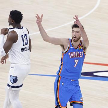 Chet Holmgren blocks a shot in the NBA playoffs