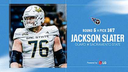 Jackson Slater celebrates his selection by the Tennessee Titans at the 2025 NFL Draft