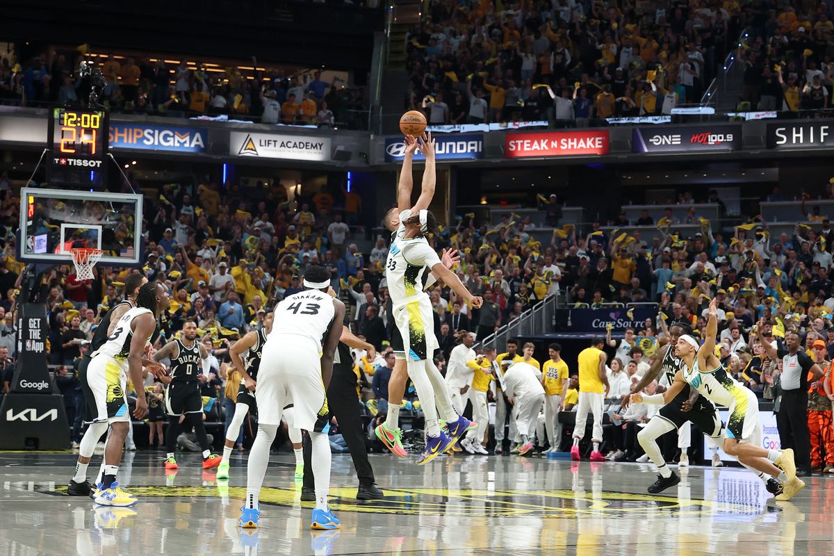 Giannis Antetokounmpo shooting during NBA playoffs for the Milwaukee Bucks