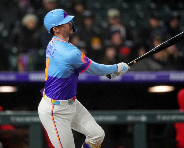 Jordan Beck celebrates after his home run for the Colorado Rockies