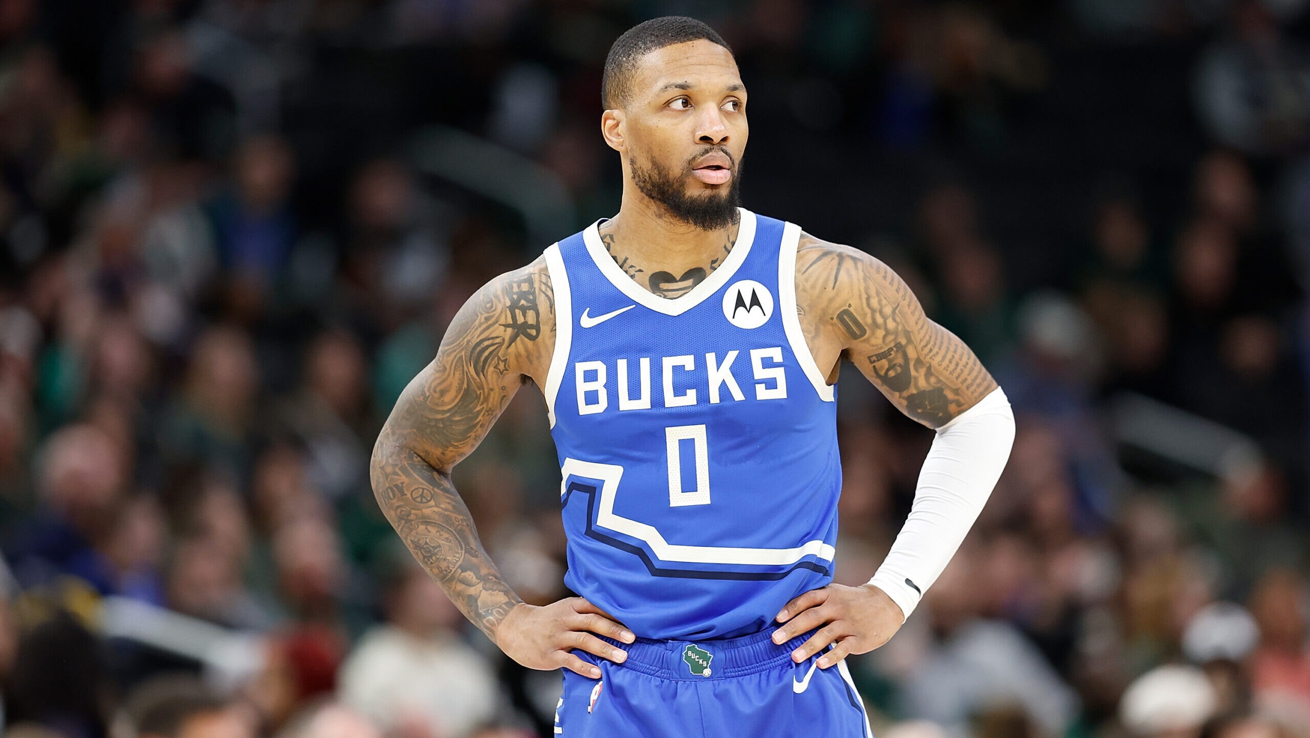 Damian Lillard drives to the basket against the Indiana Pacers during the 2025 NBA playoffs.