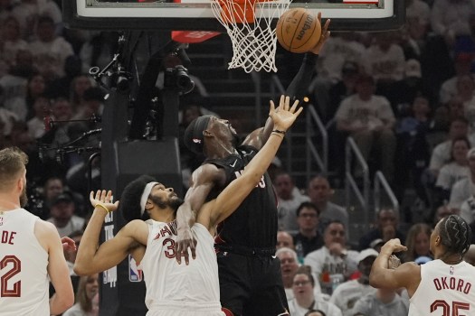 Bam Adebayo celebrates a block for Miami Heat during NBA playoffs.