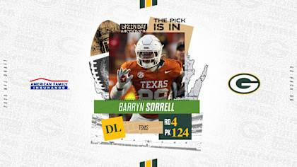 Defensive lineman Barryn Sorrell celebrates selection by Packers
