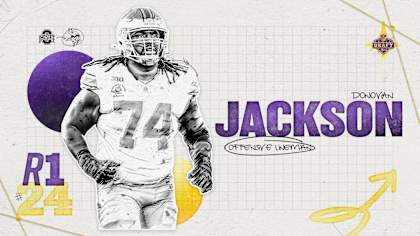 Donovan Jackson celebrates after being selected as a first round Minnesota Vikings draft pick