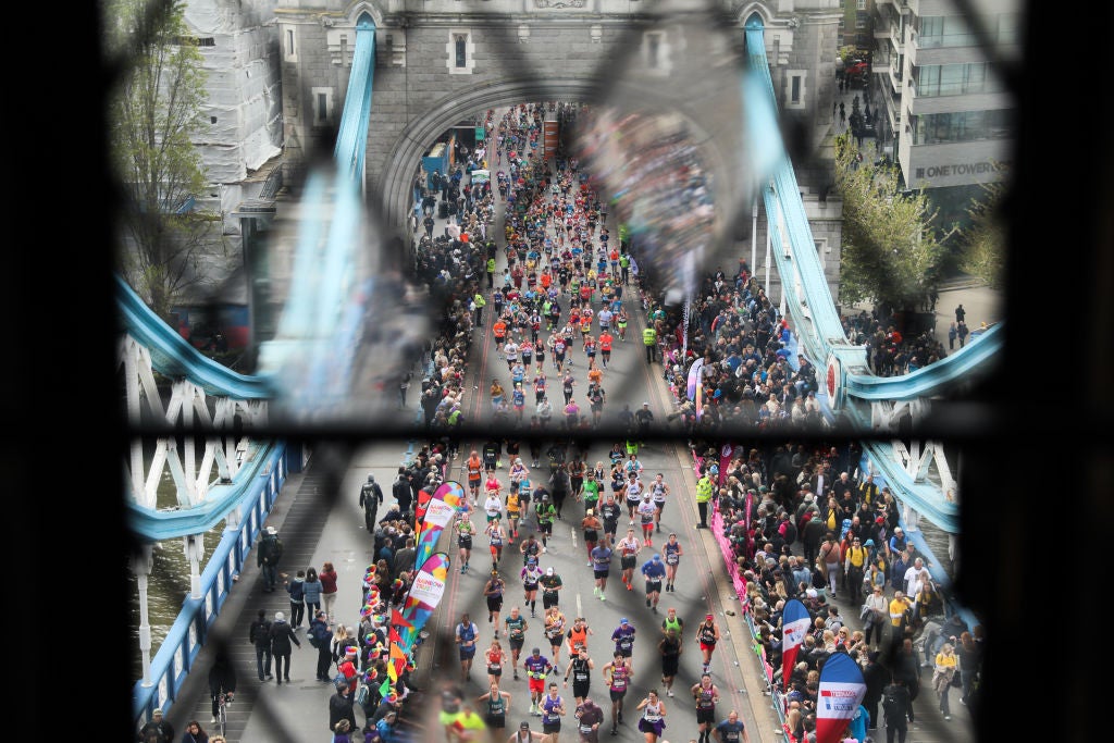 Runners crossing Tower Bridge at the London Marathon 2025