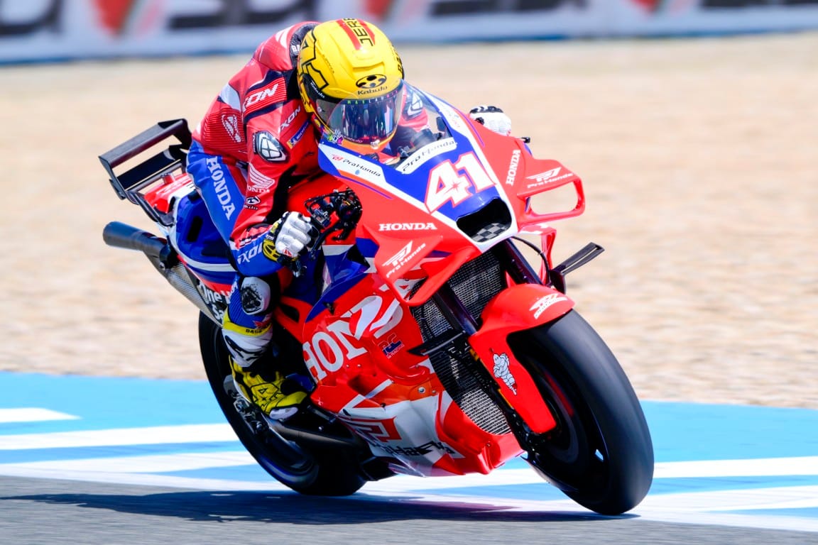 MotoGP riders battling through the pack at Jerez.