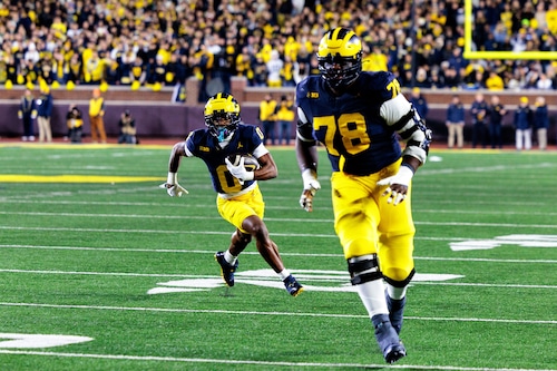 Myles Hinton in action for Michigan offensive line, selected by the Eagles at No. 191 in the 2025 NFL Draft