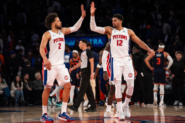 Tobias Harris celebrates a playoff win with the Detroit Pistons