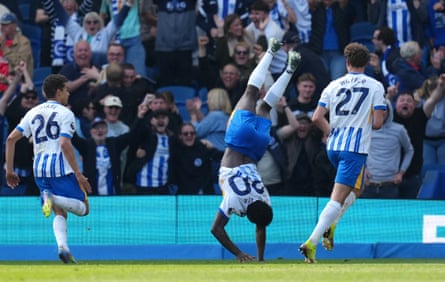 Carlos Baleba celebrates sealing Brighton's win with a late goal against West Ham