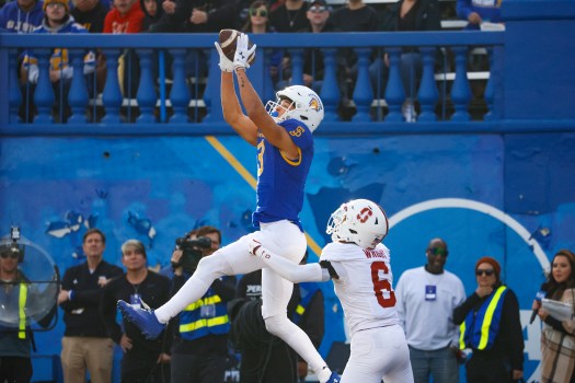 Nick Nash preparing to make a leaping catch during a San Jose State game