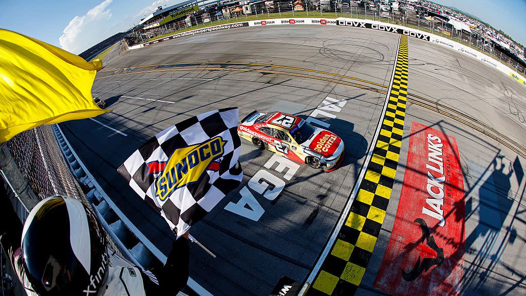 Austin Hill celebrates Xfinity Series victory at Talladega Superspeedway in the talladega race today