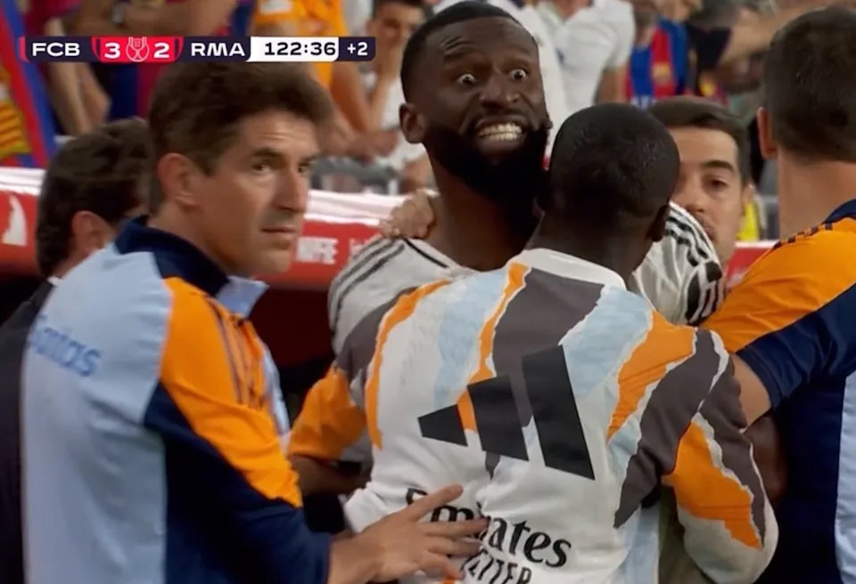 Antonio Rudiger reacts during Copa del Rey final, visibly frustrated after controversial referee decision