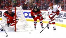 Simon Nemec celebrates his double-overtime game winner for the NJ Devils