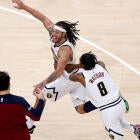 Alperen Sengun celebrates after a key play for the Houston Rockets in the NBA playoffs