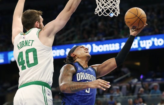 Anthony Black celebrates after a key play against the Boston Celtics in the NBA Playoffs