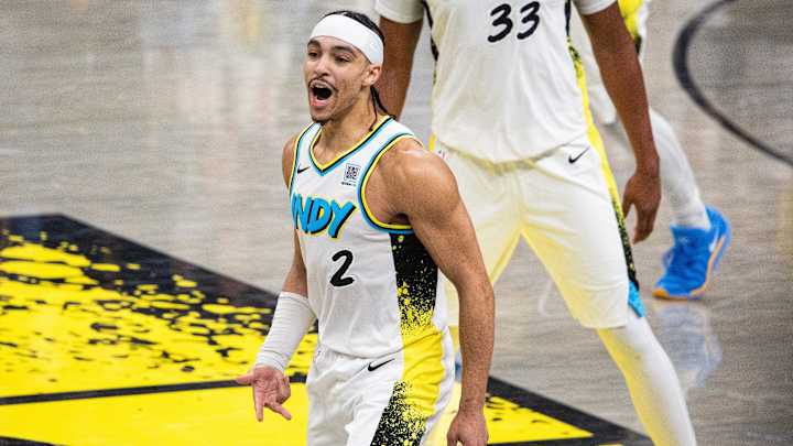 Indiana Pacers guard Andrew Nembhard celebrates a clutch shot in the NBA playoffs