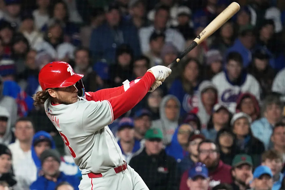 Trea Turner celebrates a key moment during the Phillies vs. Cubs game