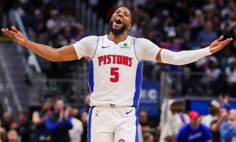Detroit Pistons players react after a controversial call during the NBA playoffs