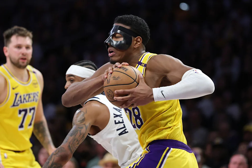 Rui Hachimura in action wearing a facemask for the Los Angeles Lakers during the NBA Playoffs