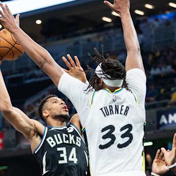 Brook Lopez focused during the Bucks vs. Pacers playoff series