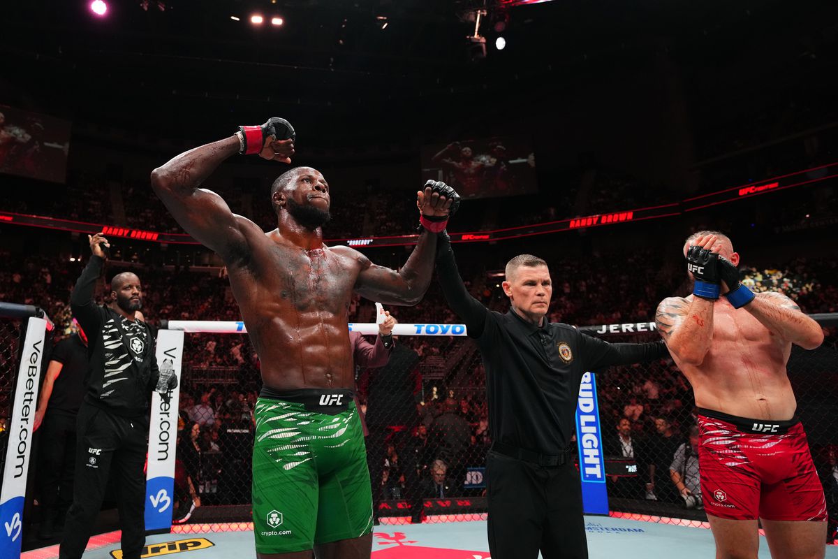Ian Machado Garry celebrates at UFC Fight Night in Kansas City, raising his arms after a key victory