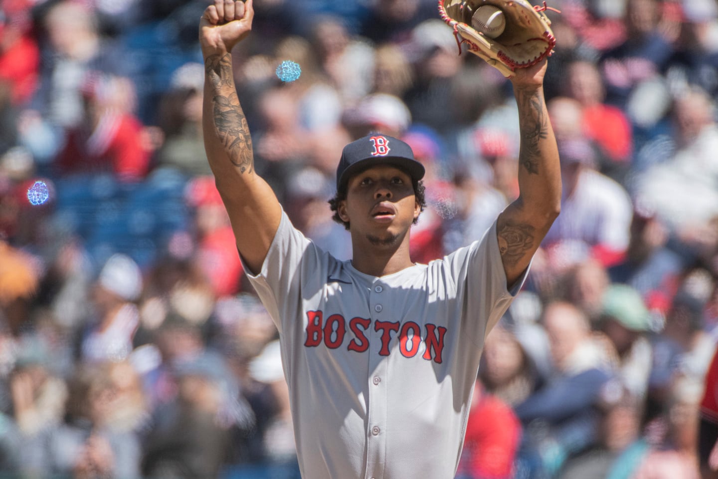 Kristian Campbell celebrates after a key hit for the Boston Red Sox