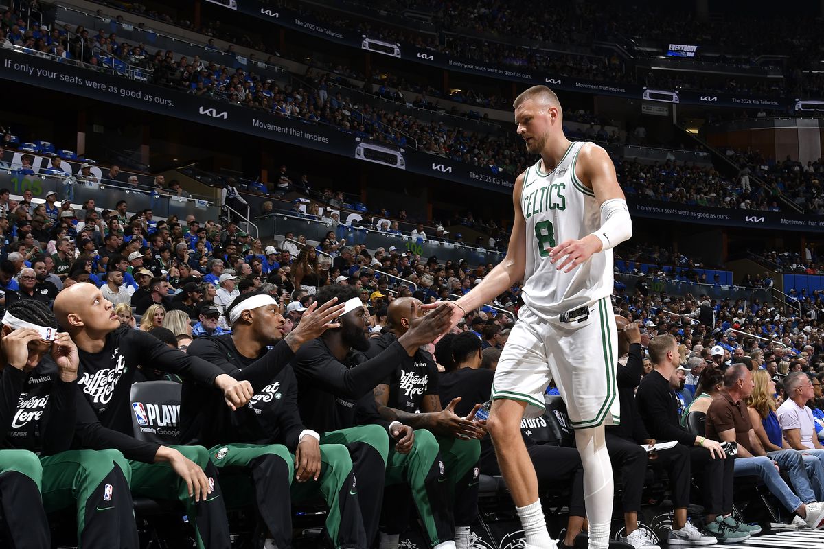 Kristaps Porzingis reacts during Celtics playoff game