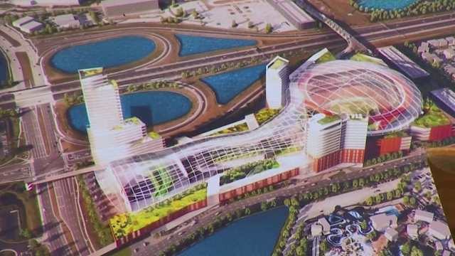 Artist rendering of proposed Orlando Dreamers MLB stadium near SeaWorld Orlando, with city skyline in the background