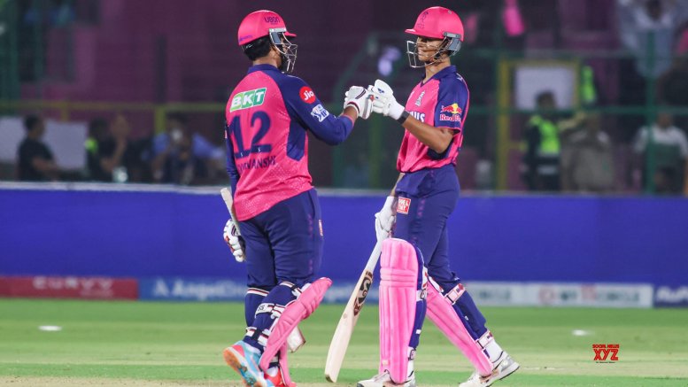 Yashasvi Jaiswal celebrates a milestone during an IPL 2025 match for Rajasthan Royals
