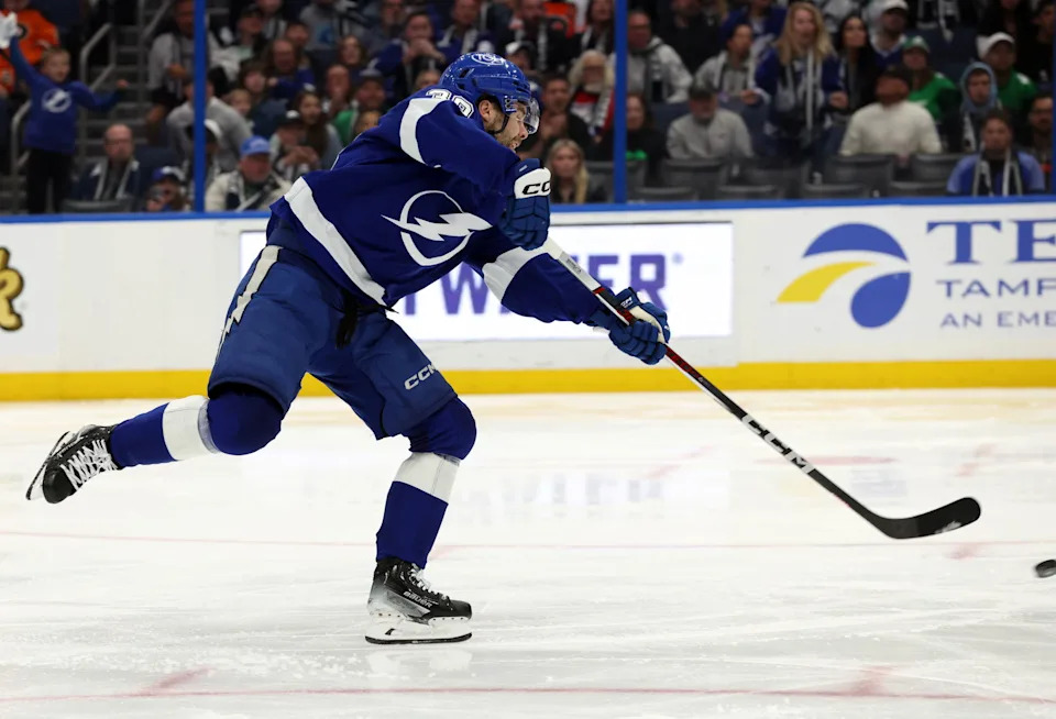 Matthew Tkachuk battling in playoff action against the Tampa Bay Lightning