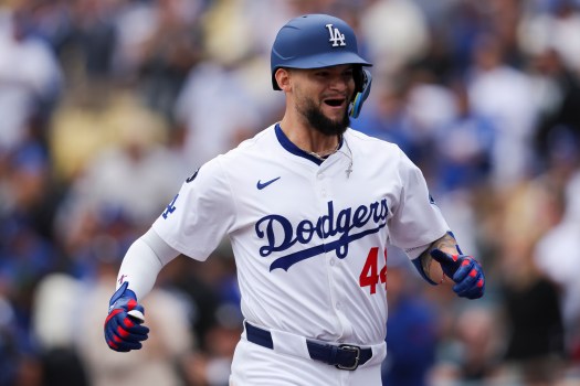 Andy Pages celebrates a home run with the Dodgers