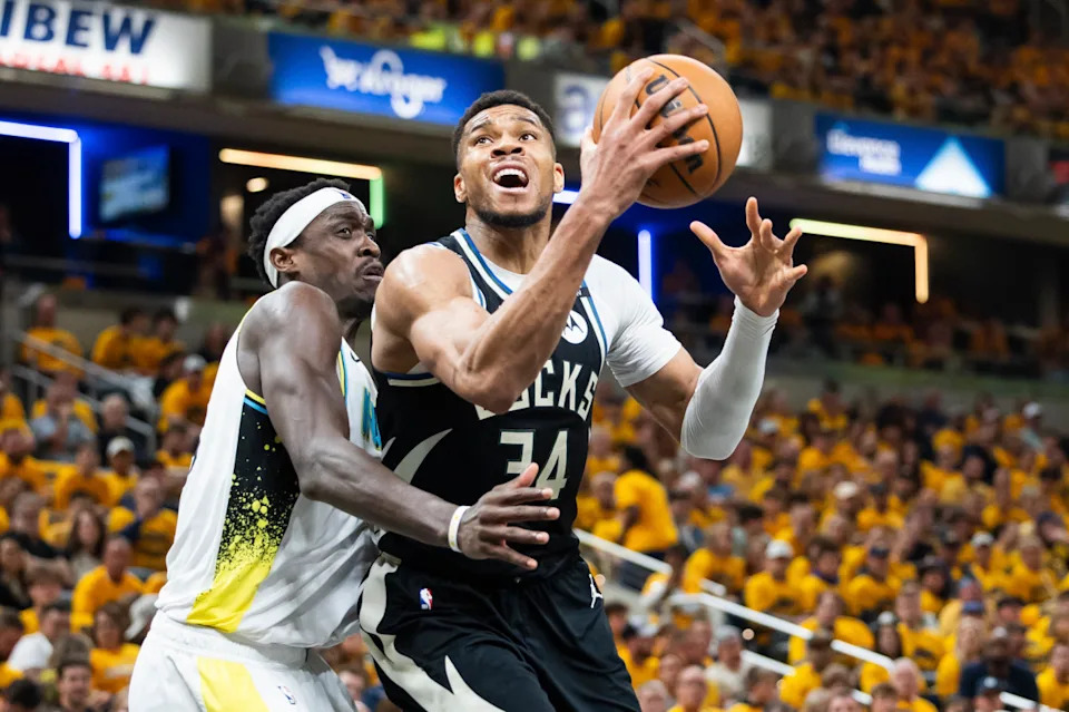 Pascal Siakam rises for a basket against the Bucks during NBA Playoffs