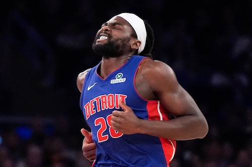 Isaiah Stewart of the Detroit Pistons defends during an NBA playoff game