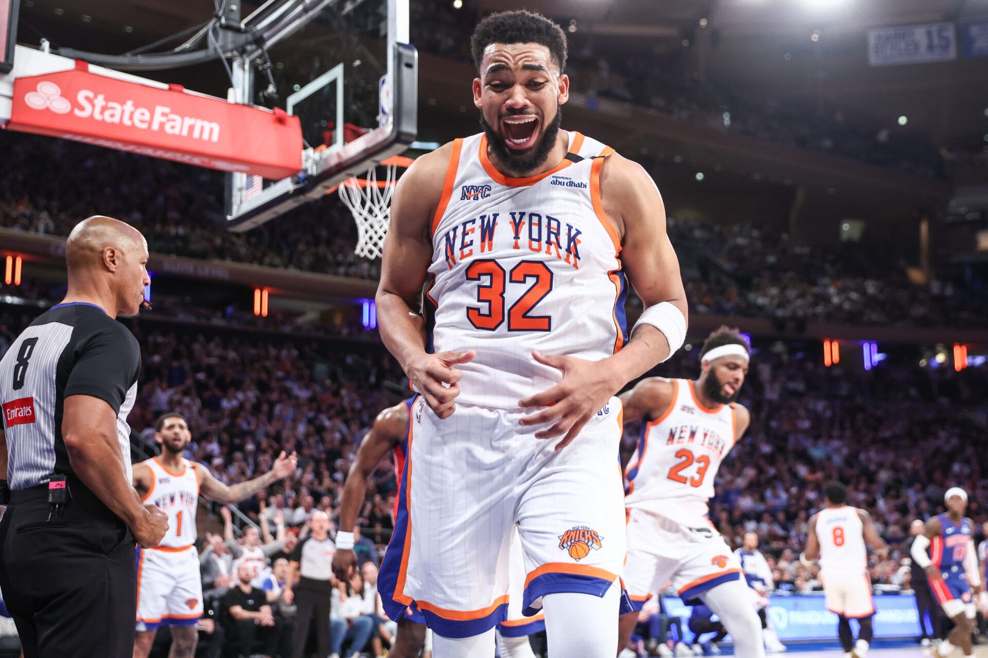 Karl-Anthony Towns on the court during Knicks playoff action