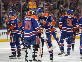Edmonton Oilers goalie Calvin Pickard in his crease during the 2025 NHL Playoffs