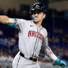 Nick Allen celebrates a hit during the Braves vs. Rockies game