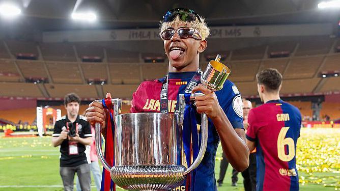 Lamine Yamal celebrates a historic goal for Barcelona in the Champions League semi-final