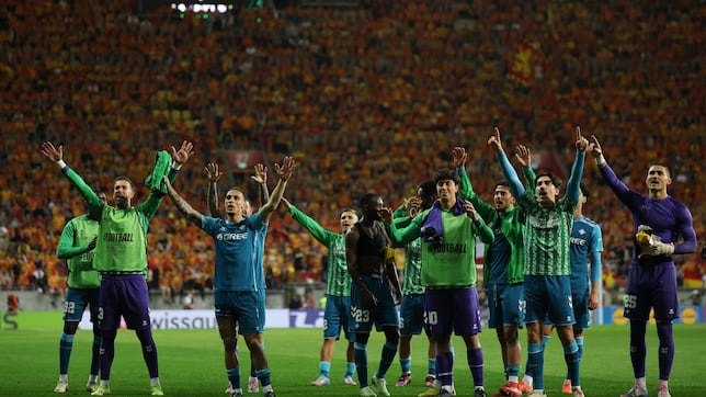 Players from Real Betis celebrate a goal in the Conference League semifinals