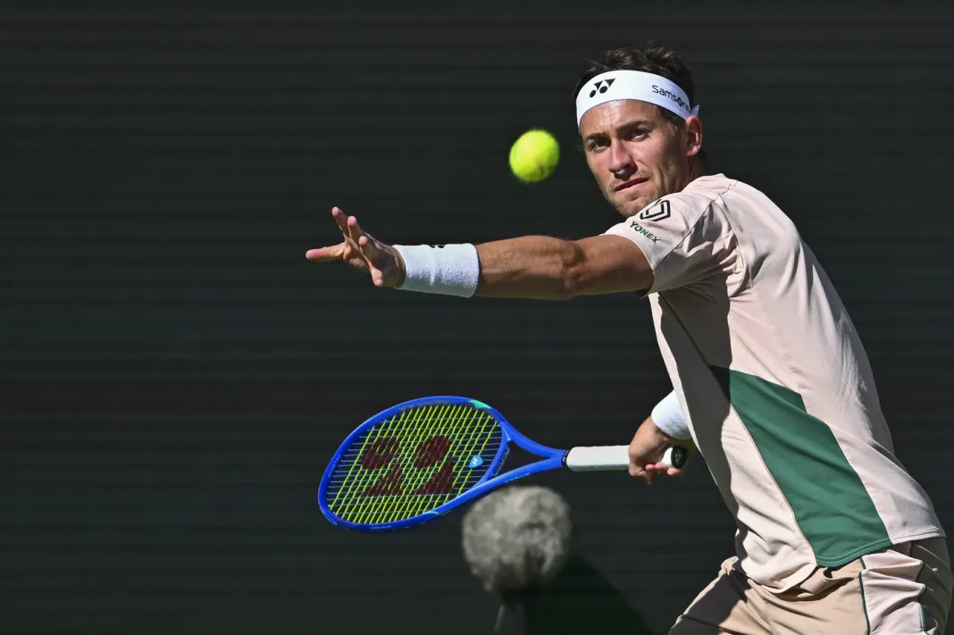 Casper Ruud competing at the Madrid Open, showcasing his signature clay-court movement