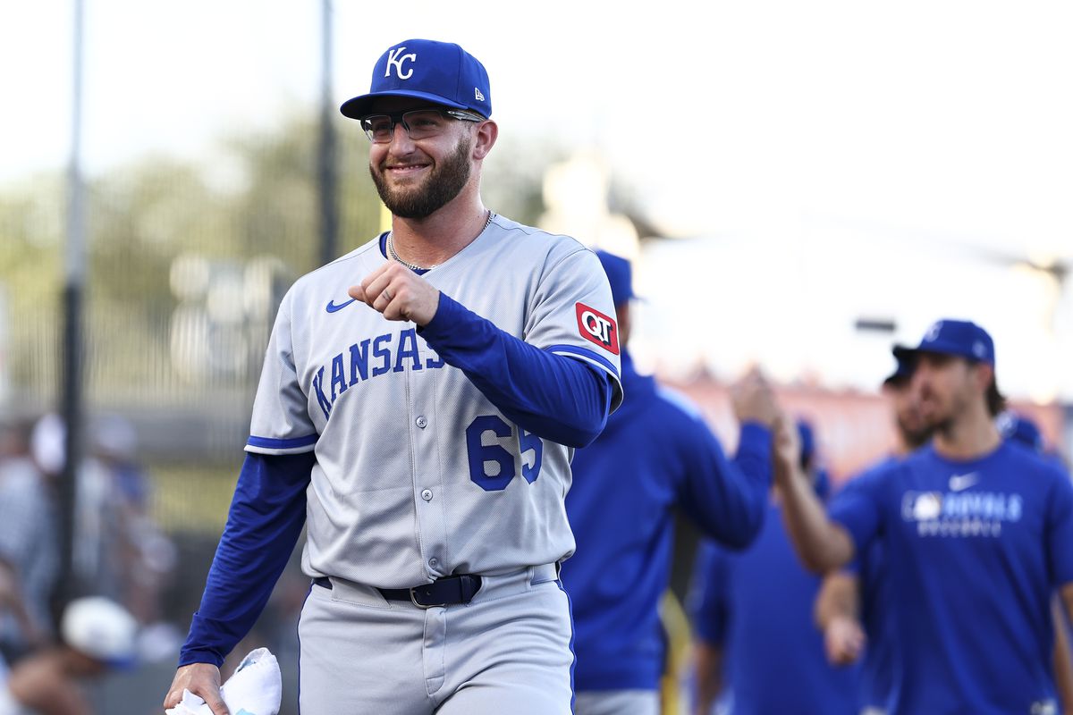 Noah Cameron pitching during his MLB debut for the Kansas City Royals