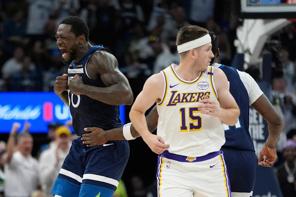Julius Randle celebrates a key basket for the Minnesota Timberwolves during the 2025 NBA Playoffs