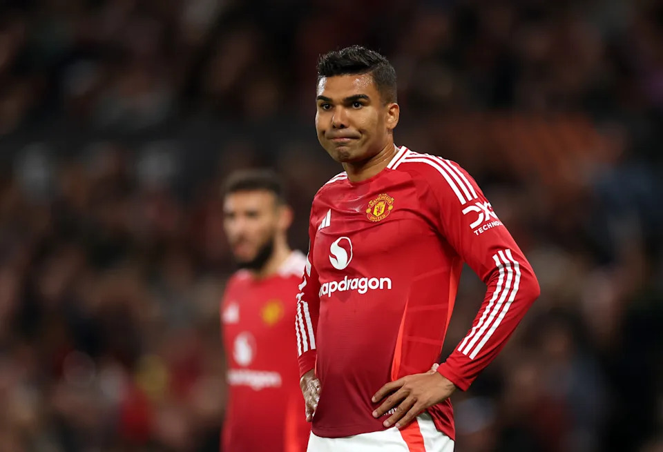 Casemiro celebrates a crucial goal for Manchester United in the Europa League.