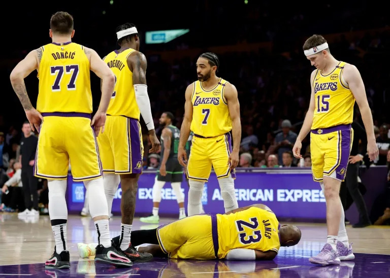 Rob Pelinka looks on during a Lakers press conference