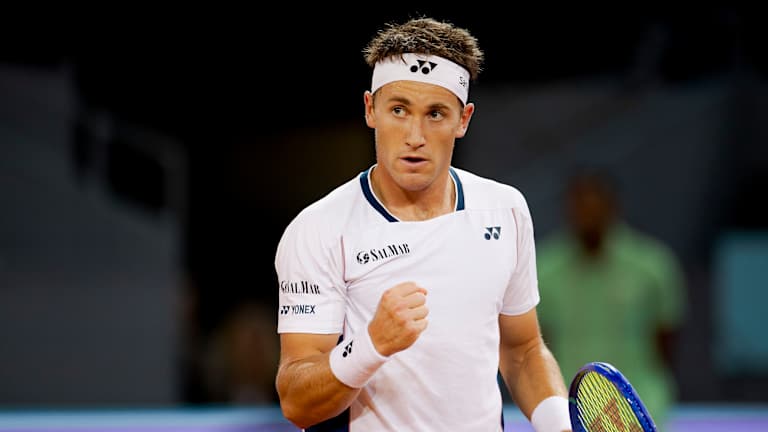 Casper Ruud celebrates during the Madrid Open
