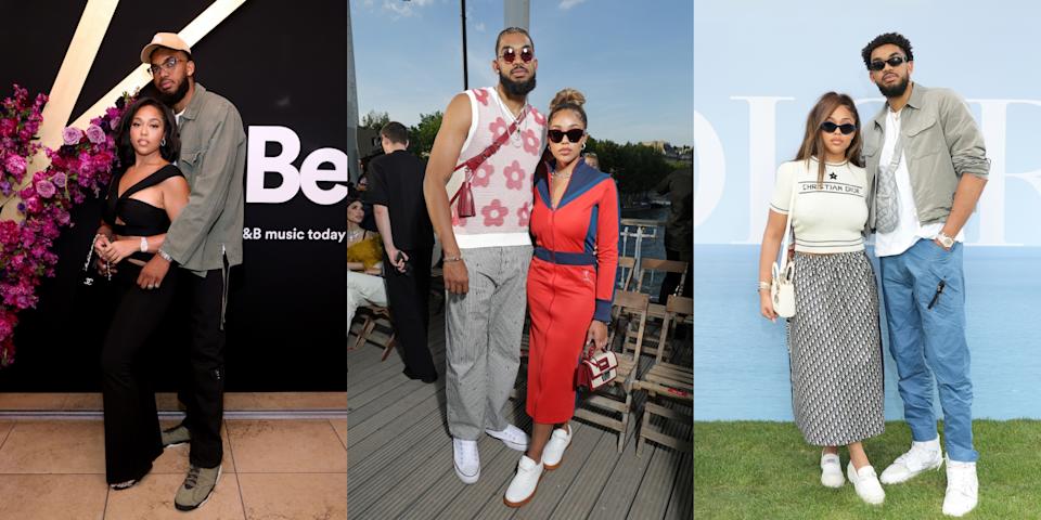 Jordyn Woods courtside supporting Karl-Anthony Towns in the NBA playoffs, sporting custom jeans and white booties