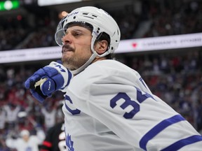 Auston Matthews celebrates a goal for the Toronto Maple Leafs in the NHL playoffs