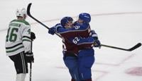 Roope Hintz celebrates after scoring in Game 6 against the Avalanche