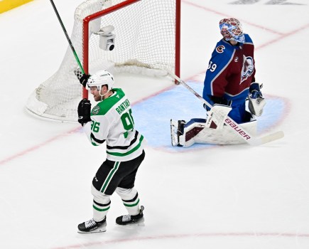 Mikko Rantanen celebrates a playoff goal in Dallas Stars colors