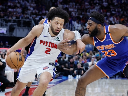 Ausar Thompson playing defense during the NBA Playoffs